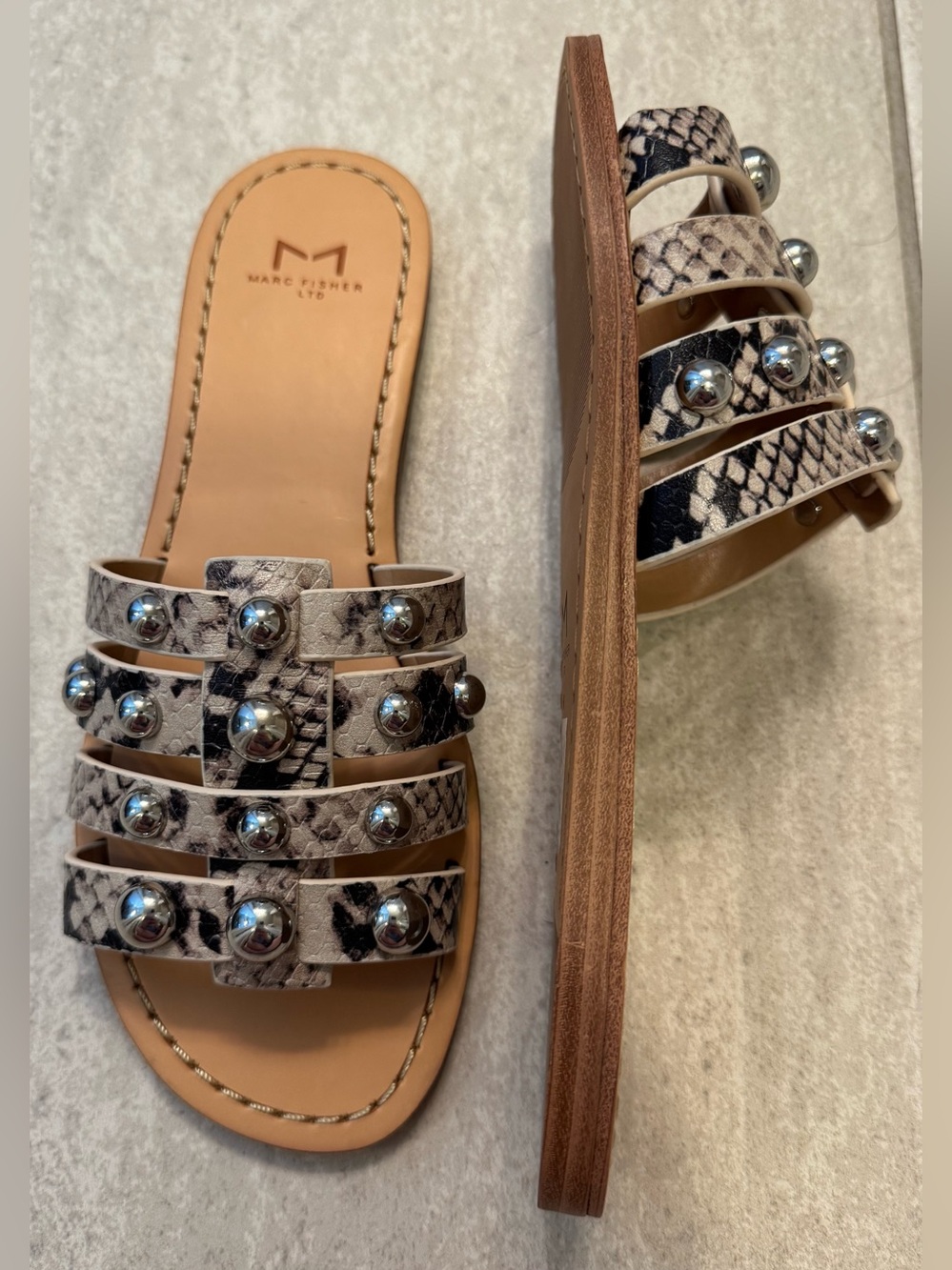 Marc Fisher Studded Snake-Print Slide Sandals in Black & White